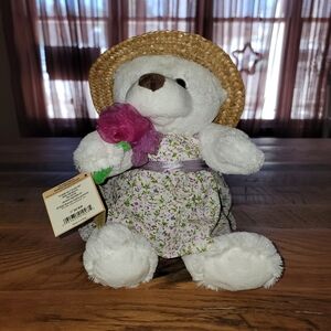 Adorable White Bear with Floral Dress and Straw Hat